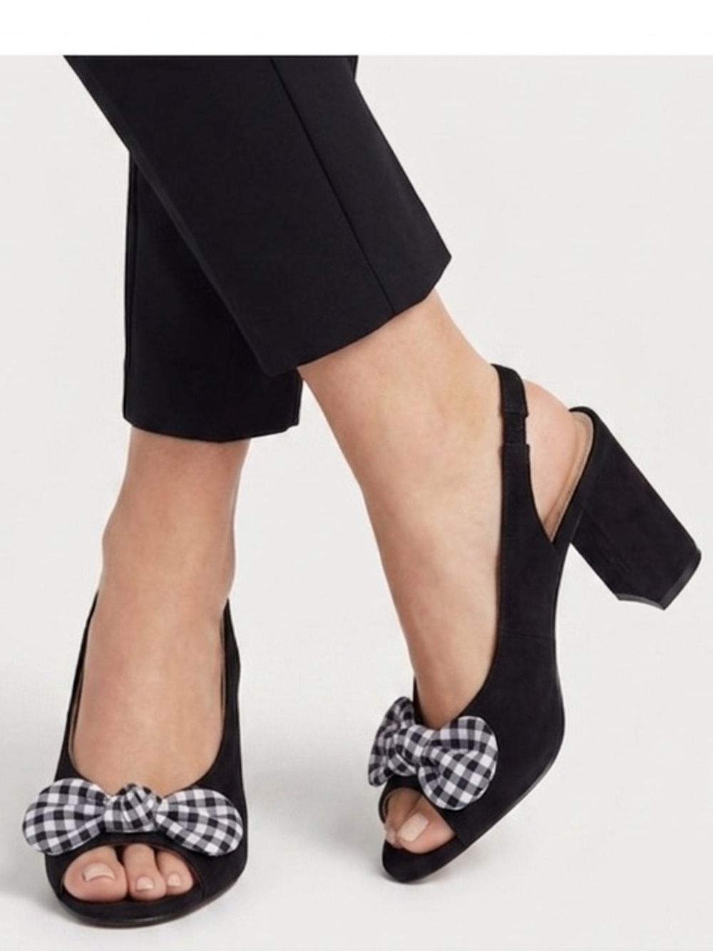 Nine West Gaerwen Black Peep Toe Gingham Bow Front Slingback Chunky Heels